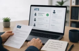 Osoba analizująca CV przy laptopie z systemem rekrutacyjnym ATS.